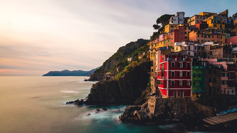 Colorful Houses on Cliff — Red, Serene, Sunset, Photograph