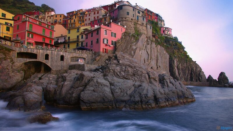 Colorful Houses on Cliff — Red, Serene, Sunset