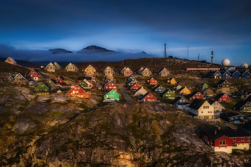 Colorful Houses on Hillside — Blue, Dramatic, Sunset