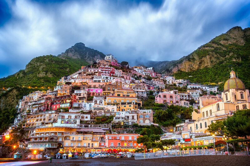 Colorful Houses on Hillside — Blue, Dramatic