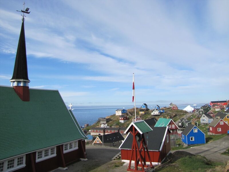 Colorful Houses on Hillside — Blue, Serene