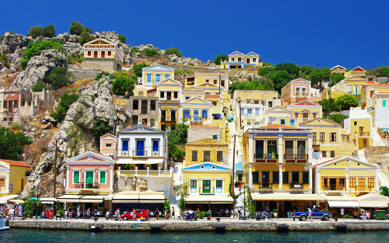 Colorful Houses on Hillside — Blue, Vibrant