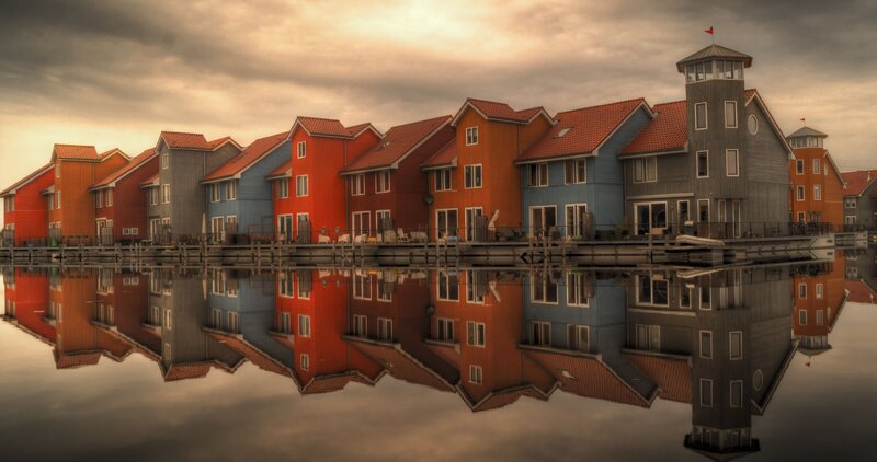Colorful Houses on Water — Red, Dramatic
