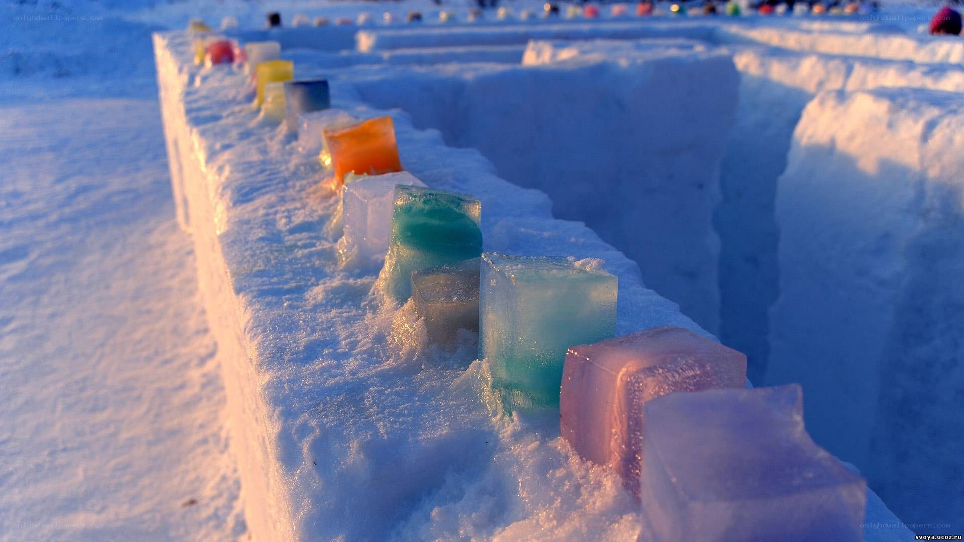 colorful ice blocks in snow