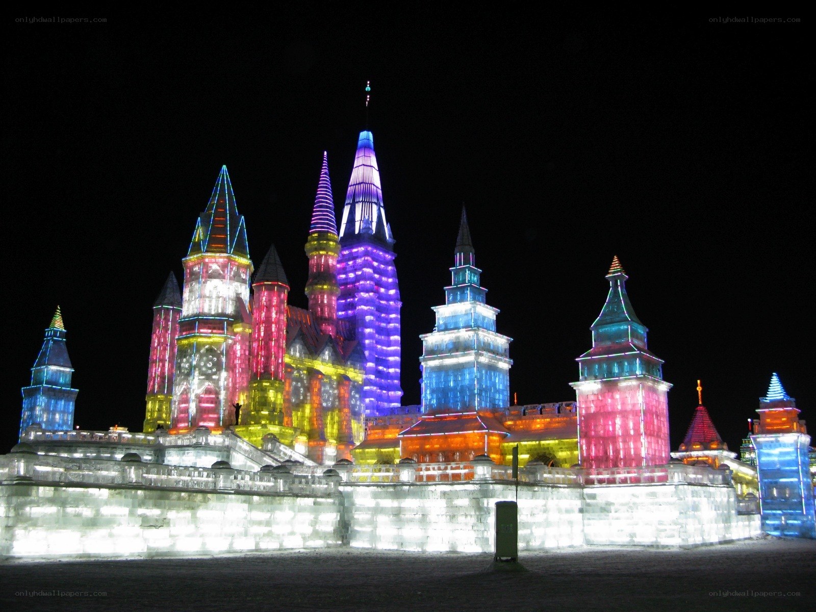 colorful ice castle at night
