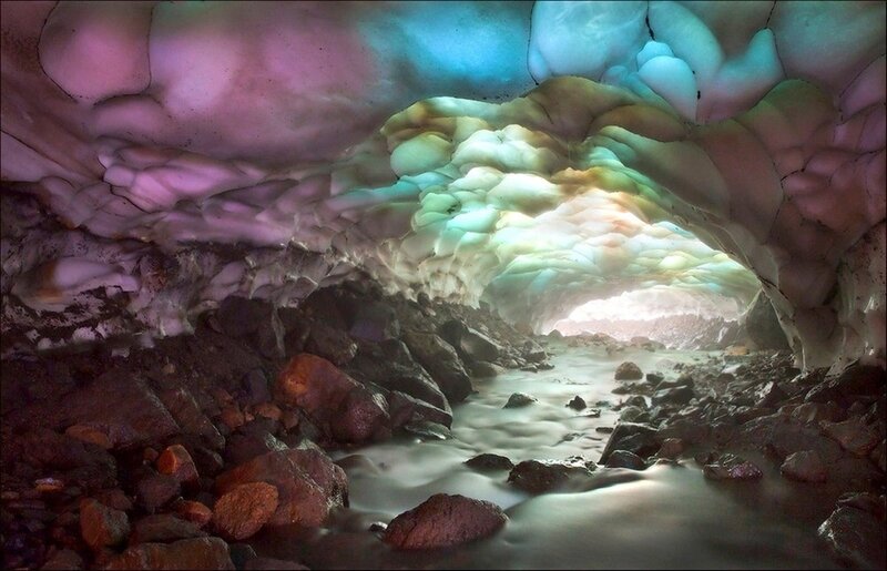 Colorful ice cave interior