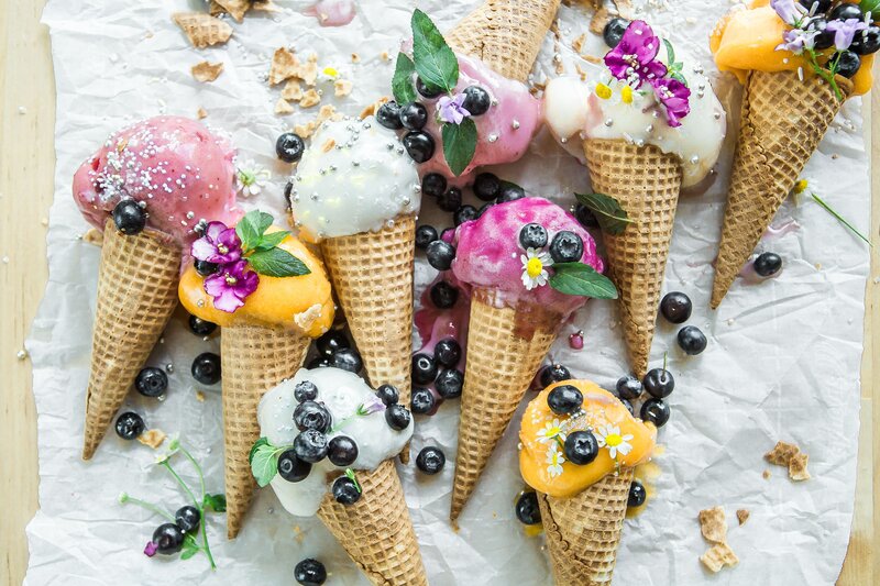 Colorful ice cream cones with flowers