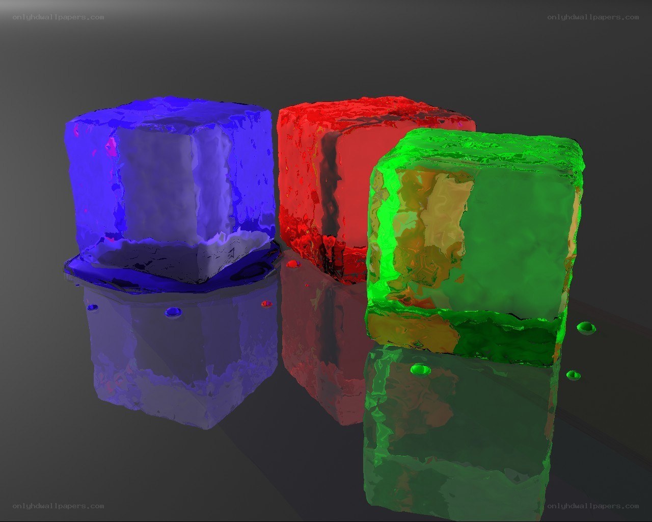 Colorful ice cubes on reflective surface