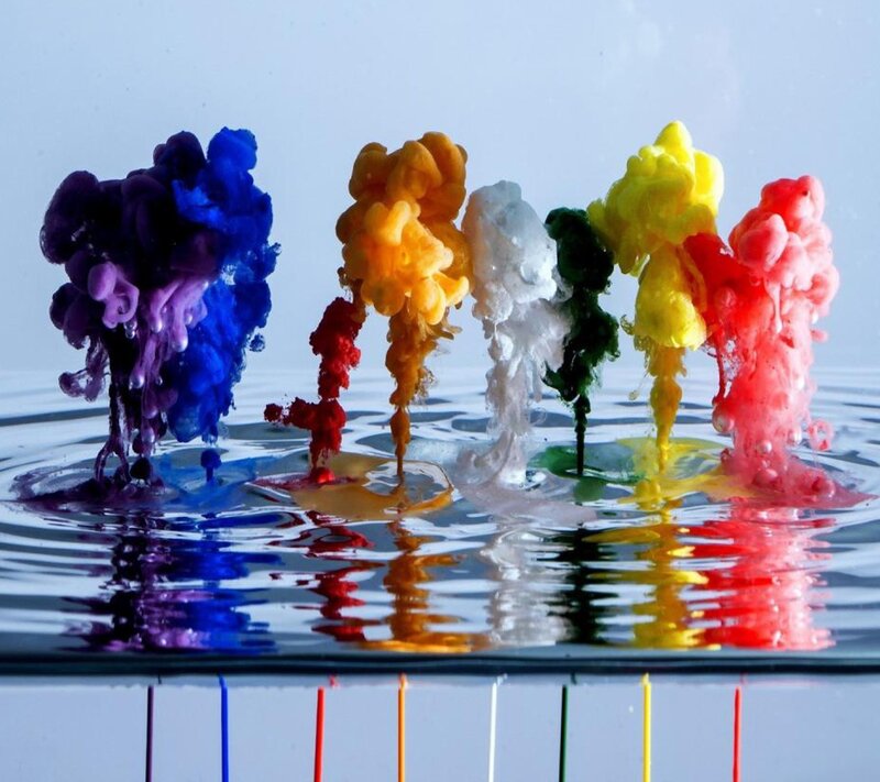 Colorful Ink in Water — Blue, Calm, Photograph, Yellow