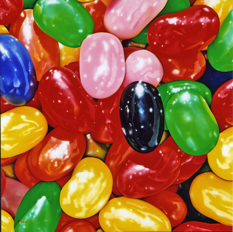 Colorful jelly beans with one black bean
