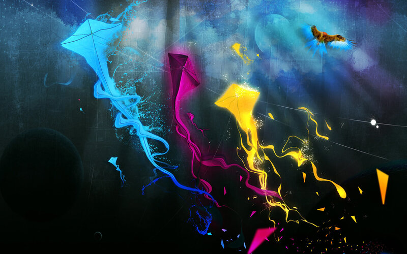 Colorful kites in a dreamy sky