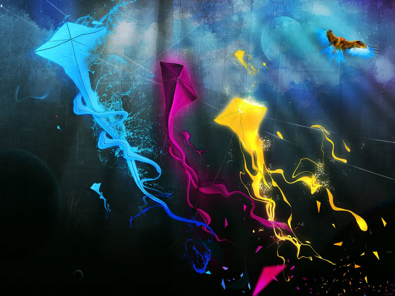 Colorful kites in a dreamy sky