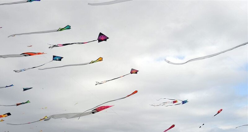 Colorful Kites in Sky — Gray