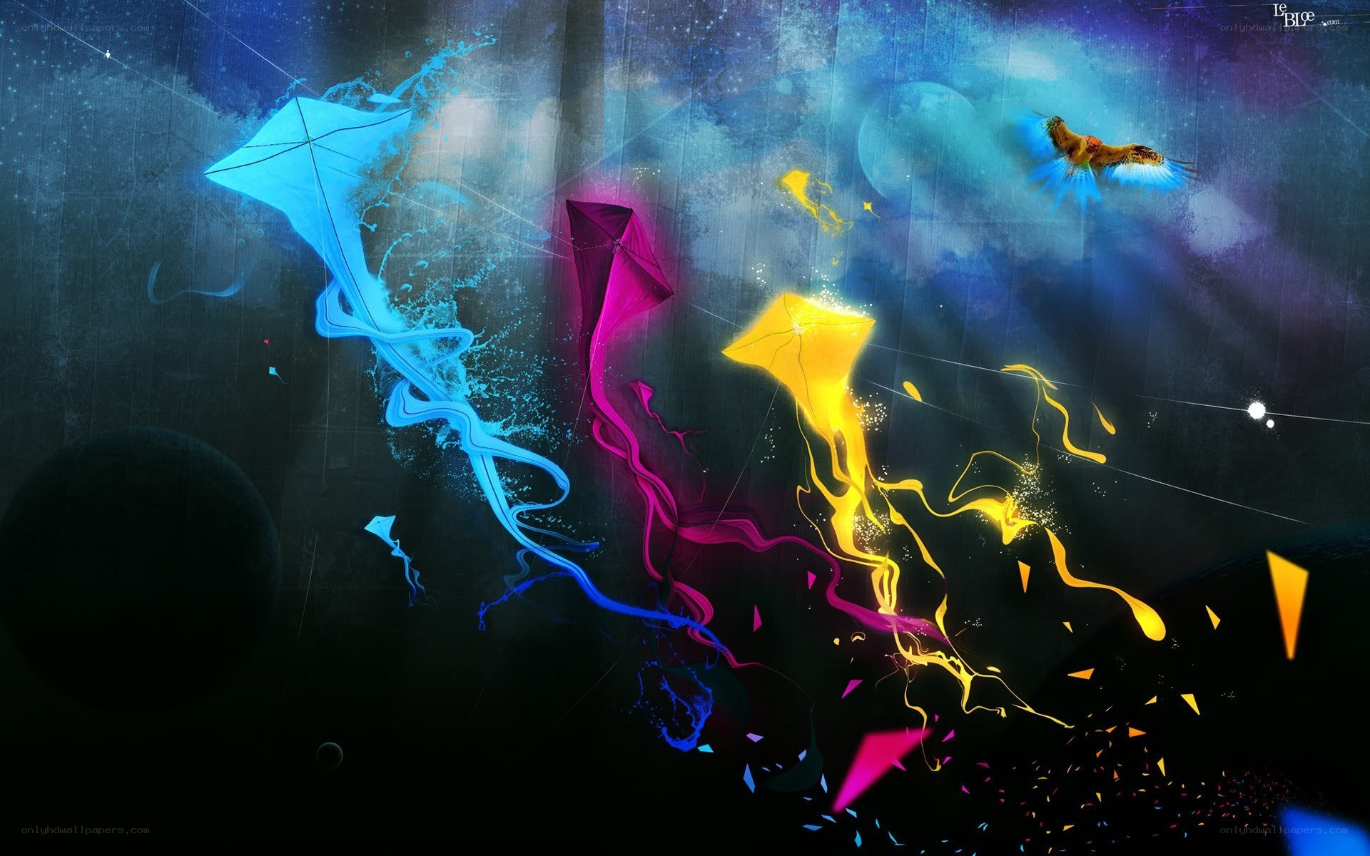 Colorful kites in space