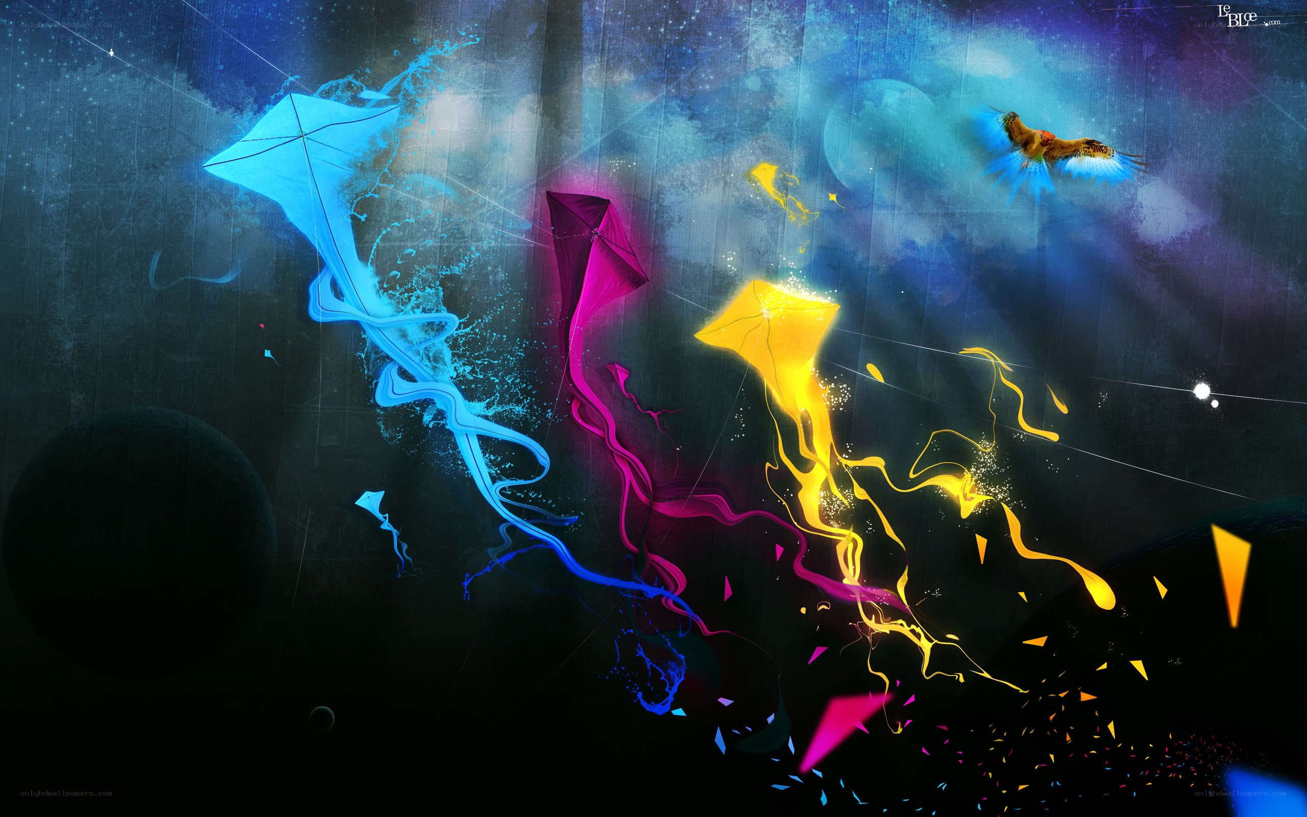 Colorful kites in space