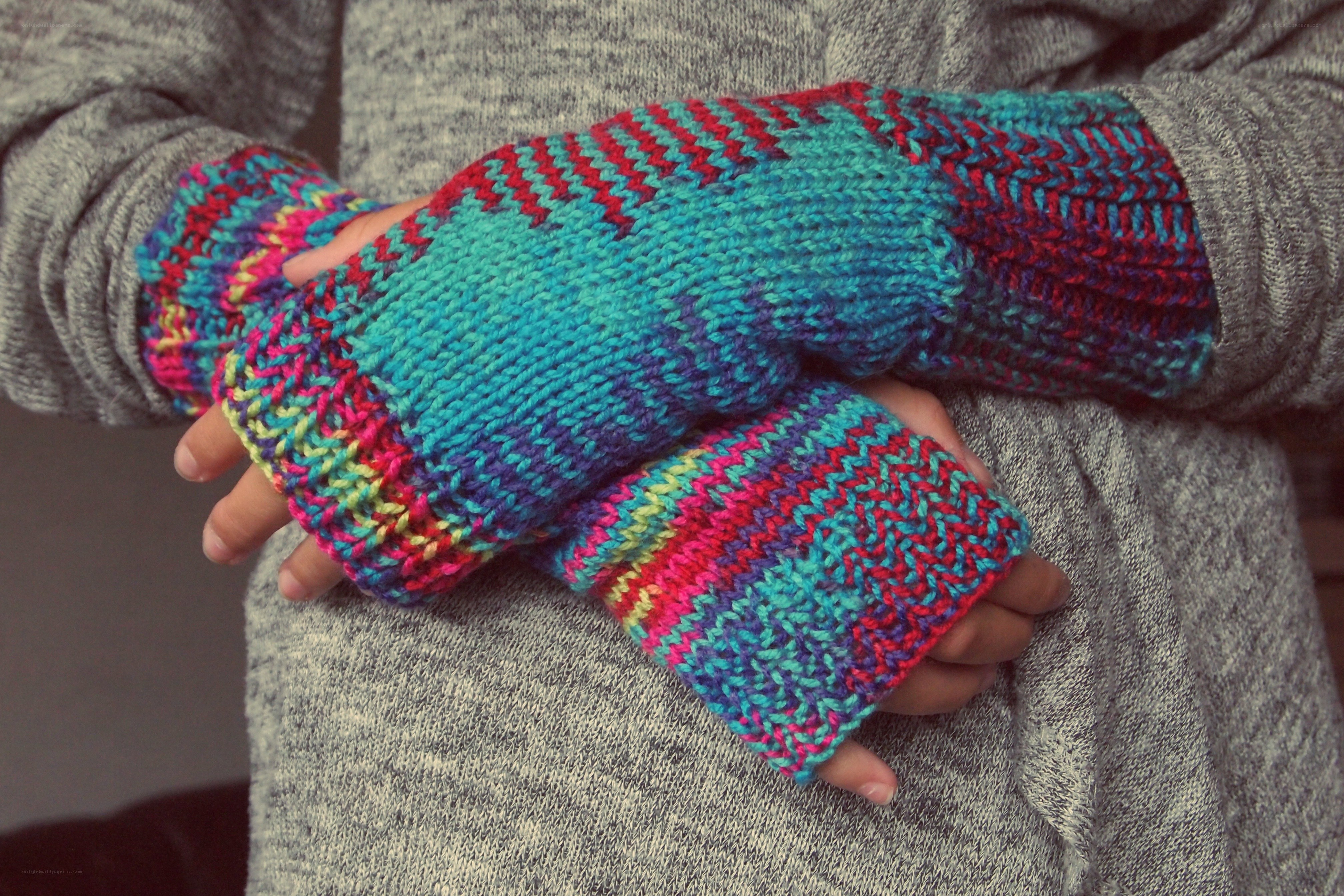 colorful knitted fingerless gloves
