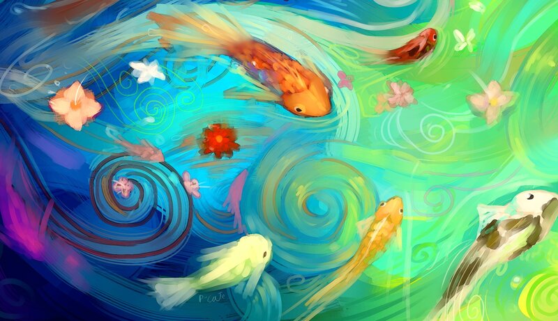 Colorful koi fish in swirling water