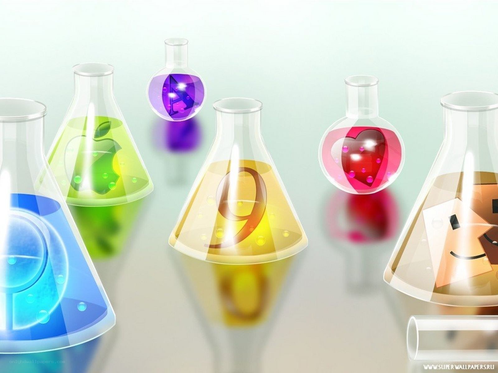 Colorful lab flasks with icons