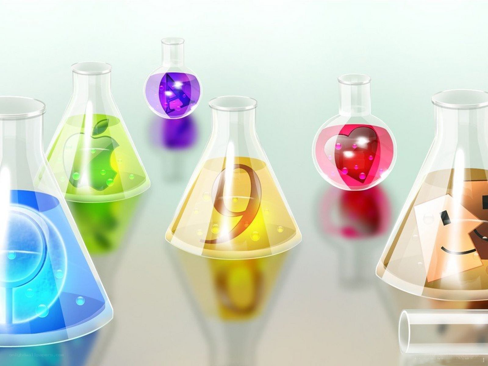 Colorful lab flasks with icons