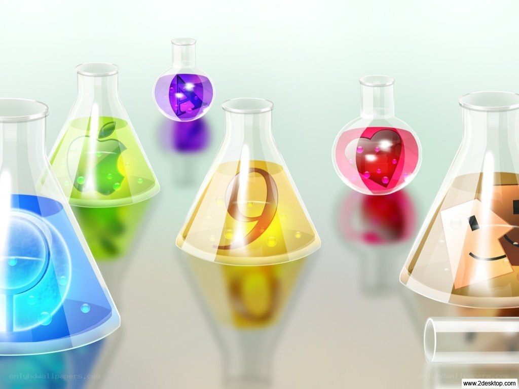 Colorful lab flasks with icons