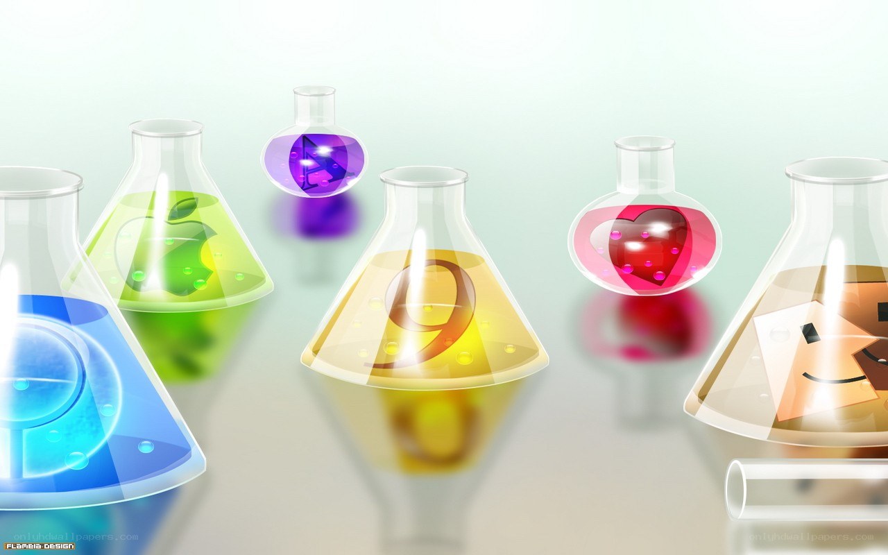 Colorful lab flasks with icons