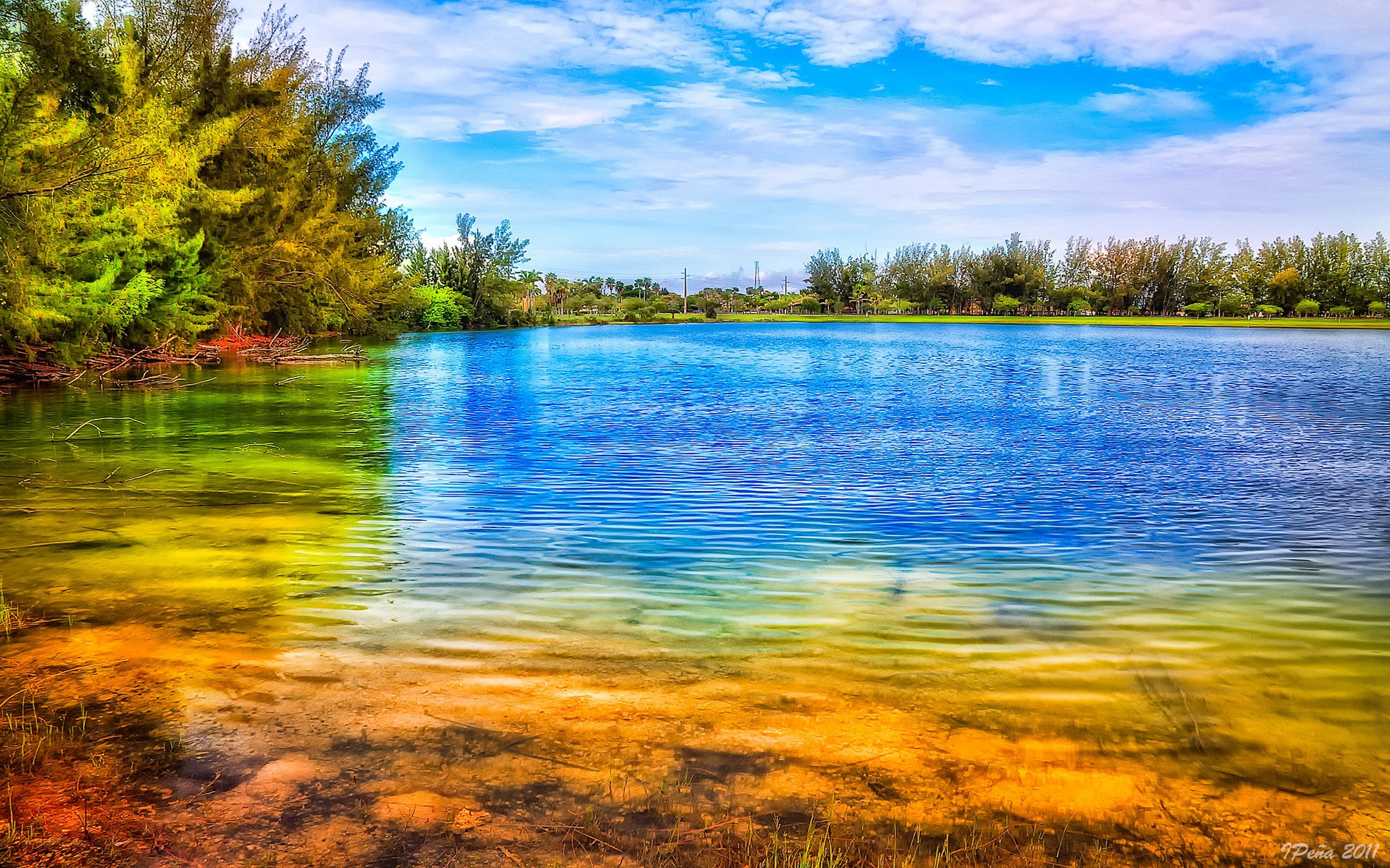 Colorful lake with vibrant reflections