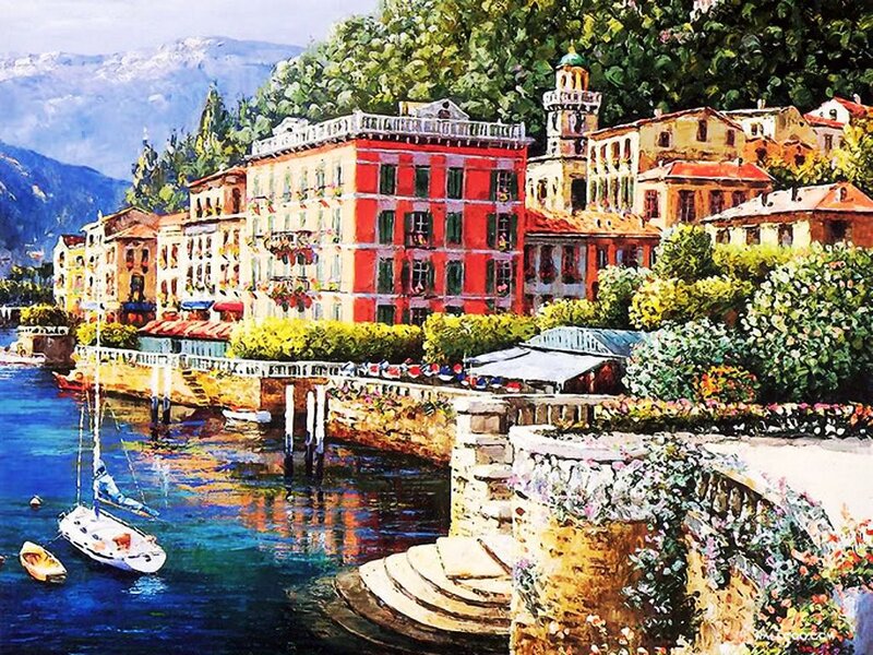 Colorful Lakeside Town — Blue, Serene