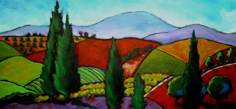 Colorful landscape with cypress trees