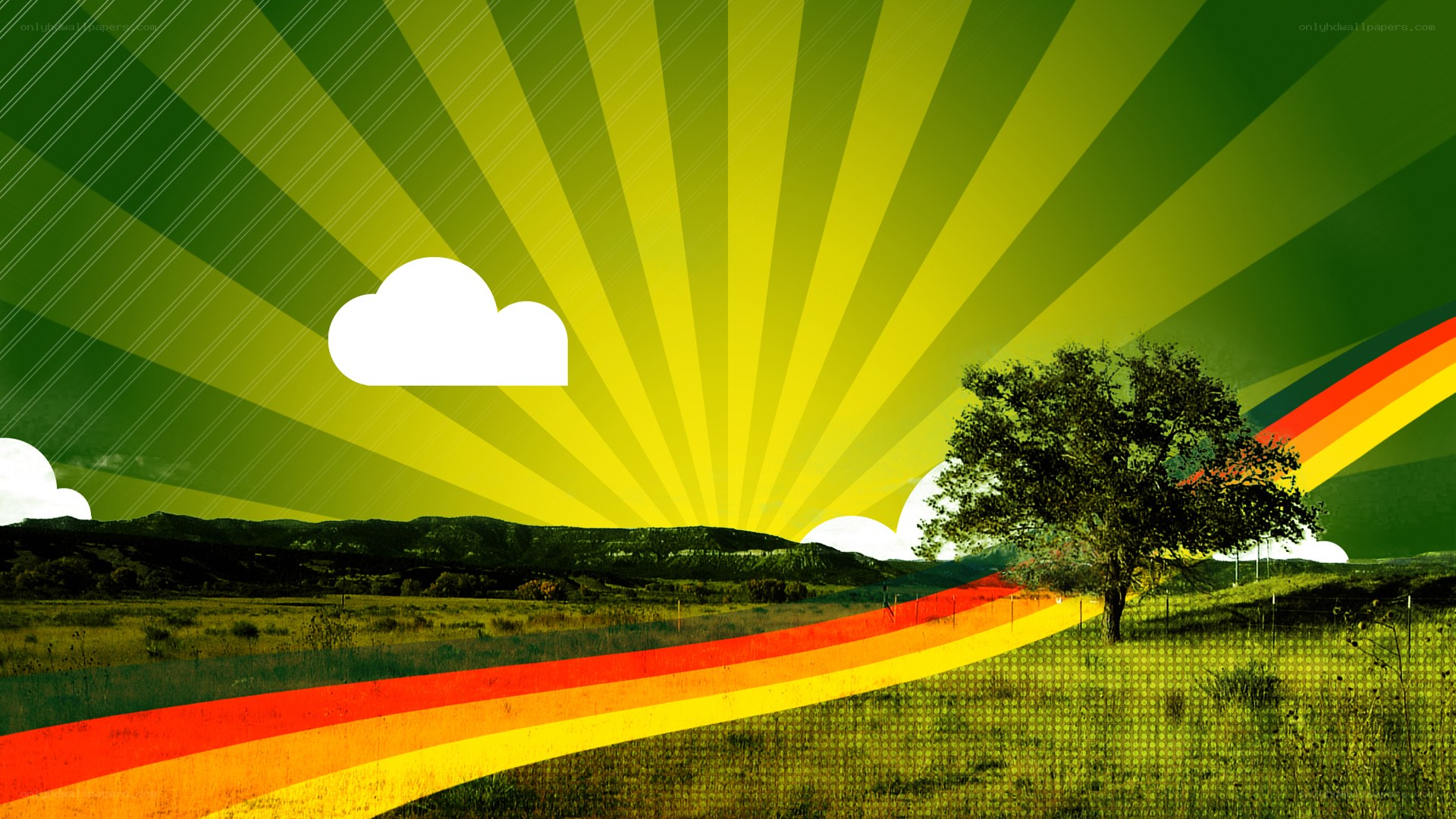Colorful landscape with rainbow path