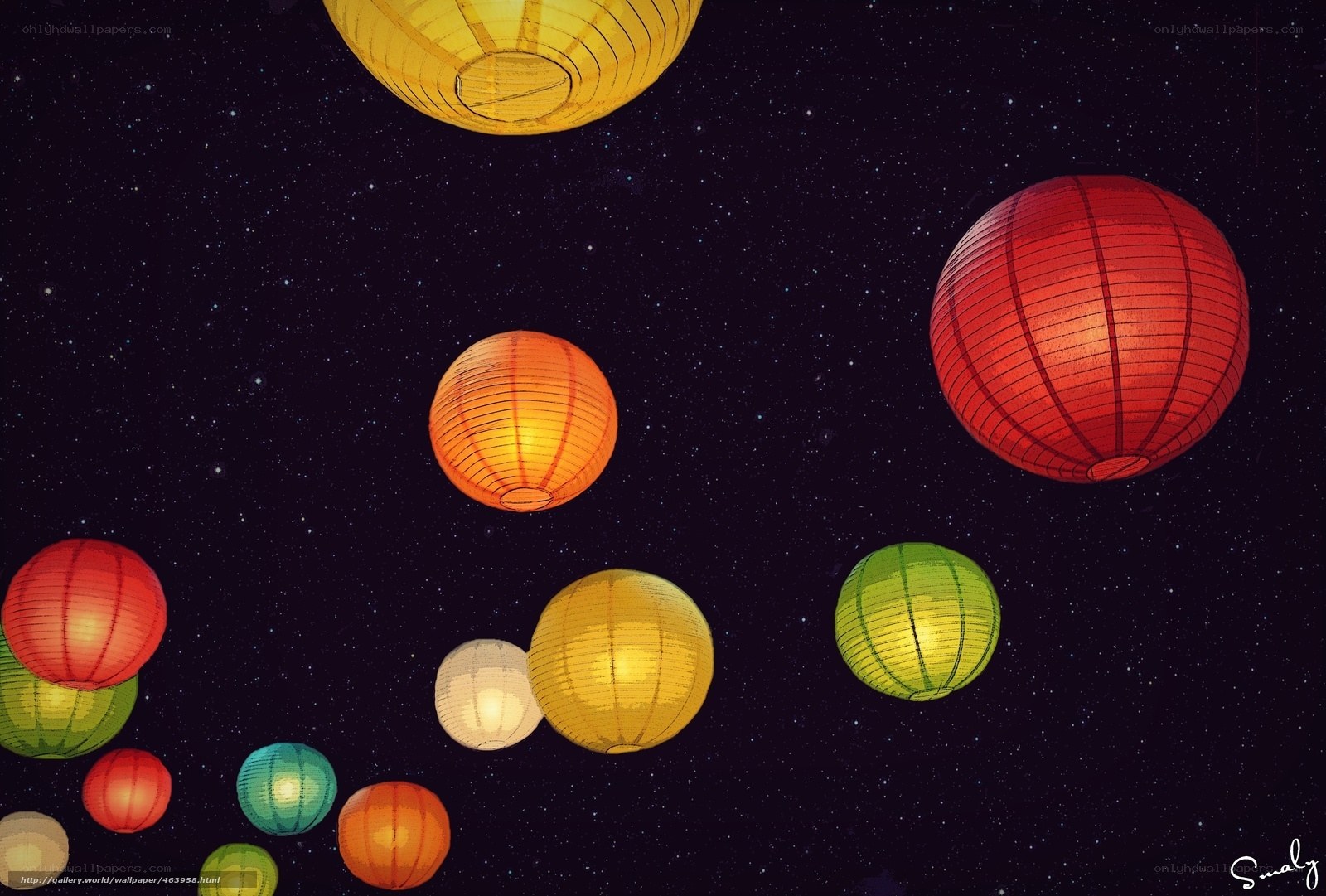 Colorful lanterns in starry sky