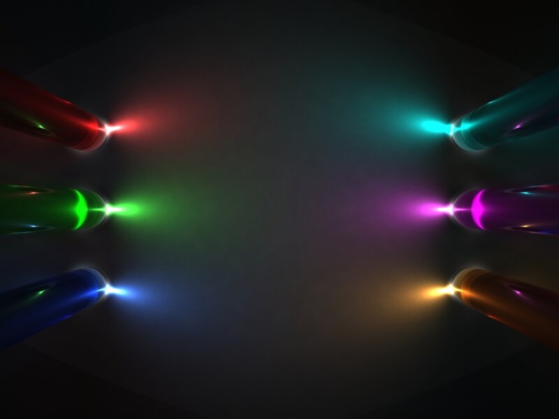Colorful light beams converging