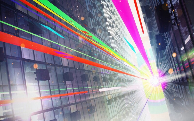 Colorful light beams in city