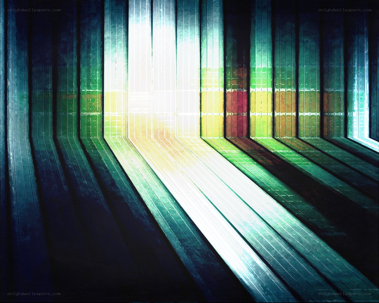 Colorful light beams in corridor