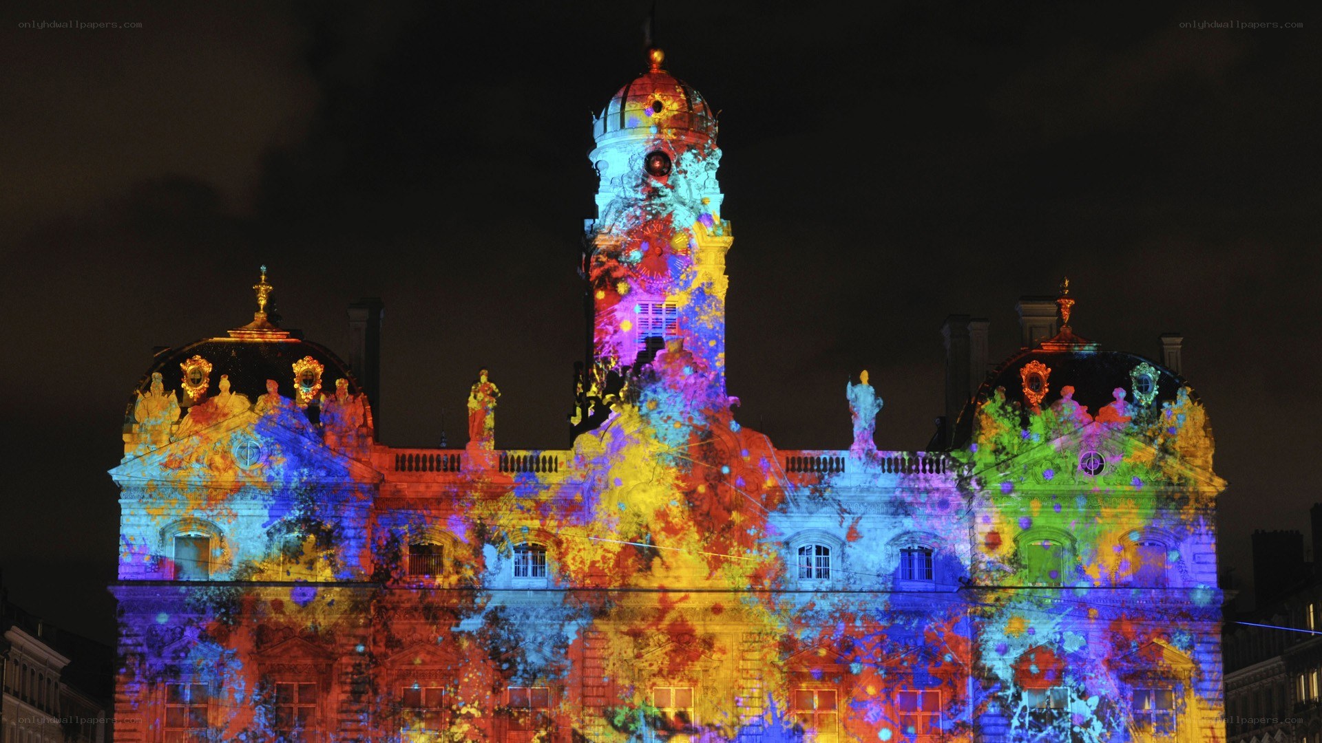colorful light show on building