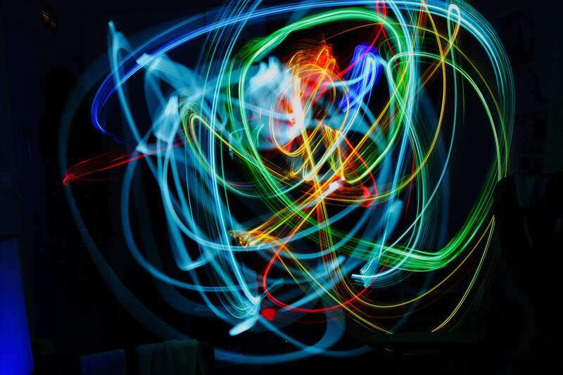 Colorful Light Trails — Blue, Dynamic, Night, Abstract, Dark Room