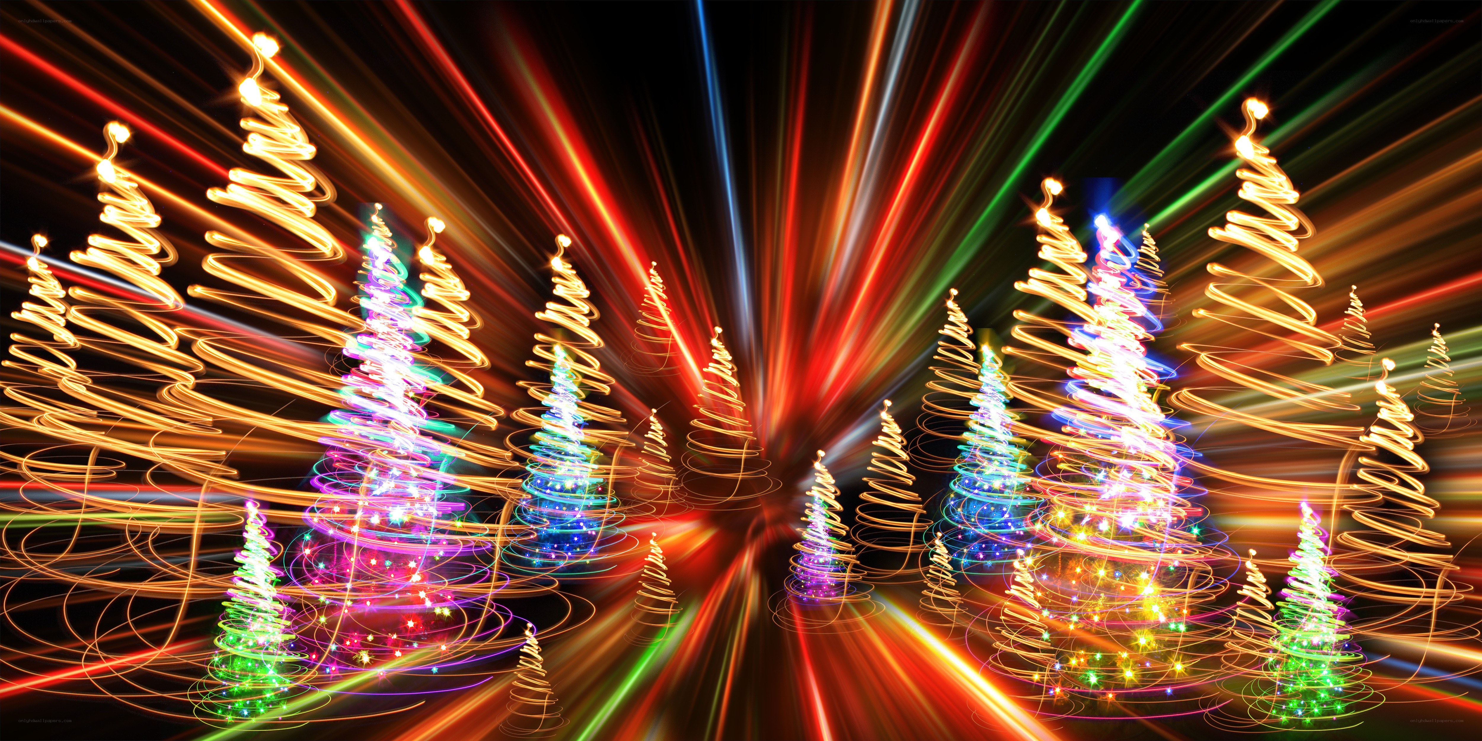 colorful light trails forming trees