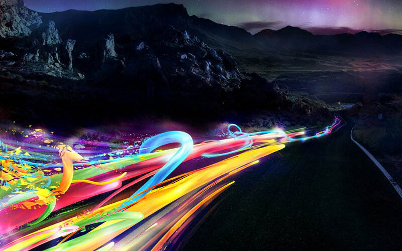Colorful Light Trails on Road — Blue