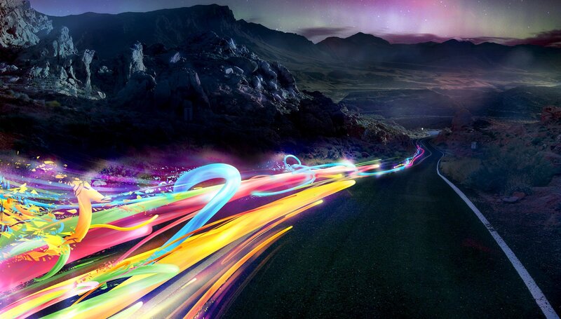 Colorful Light Trails on Road — Purple, Dramatic