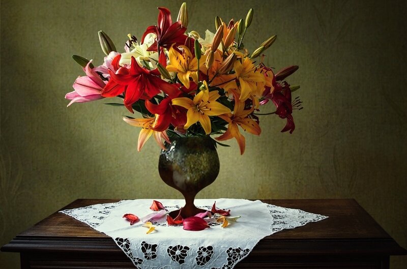 Colorful Lilies in Vase