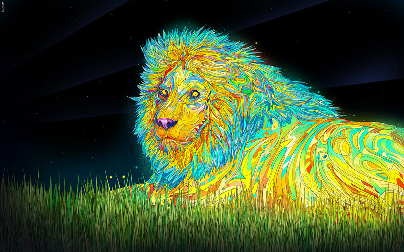 Colorful Lion in Grass — Yellow, Vibrant, Night, Digital Art, Night Sky