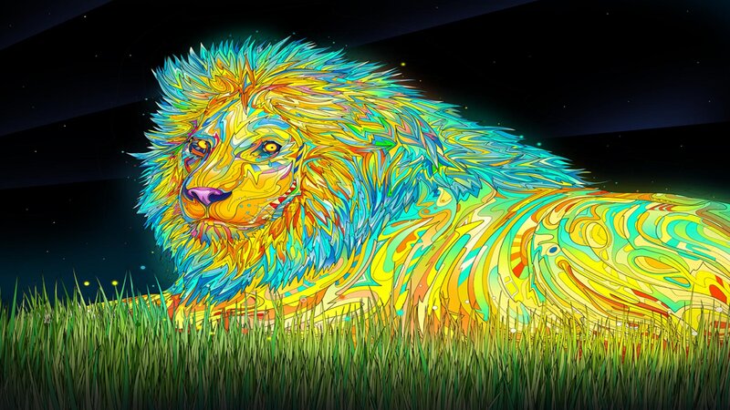 Colorful Lion in Grass — Yellow, Vibrant, Night