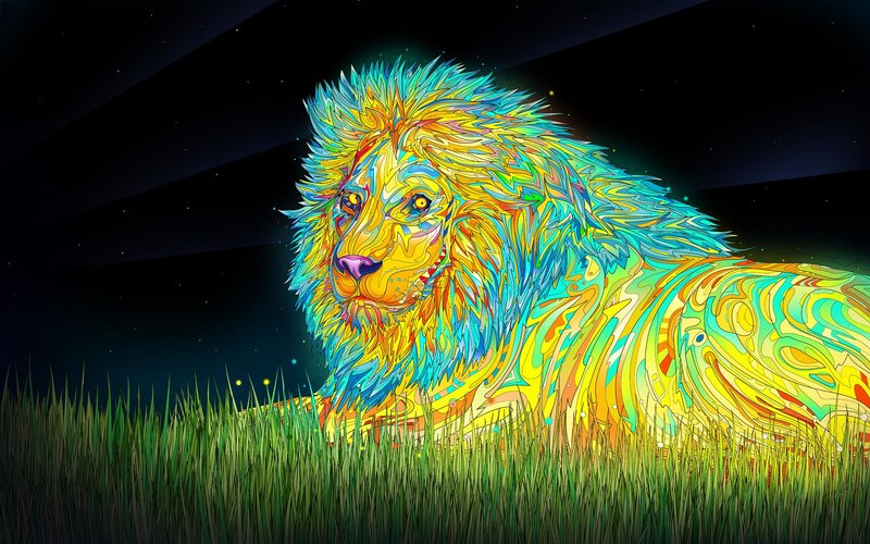 Colorful Lion in Grass — Yellow, Vibrant