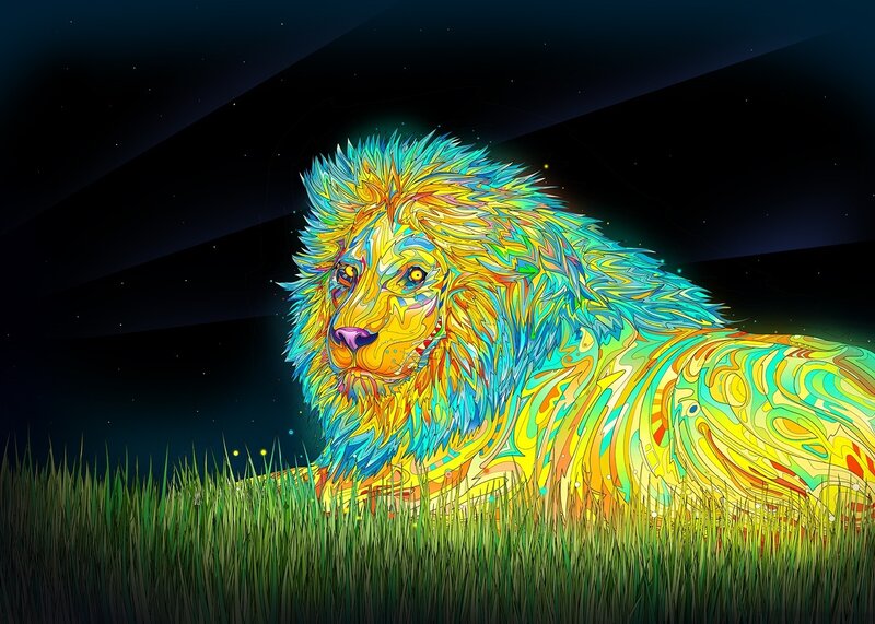 colorful lion in night grass