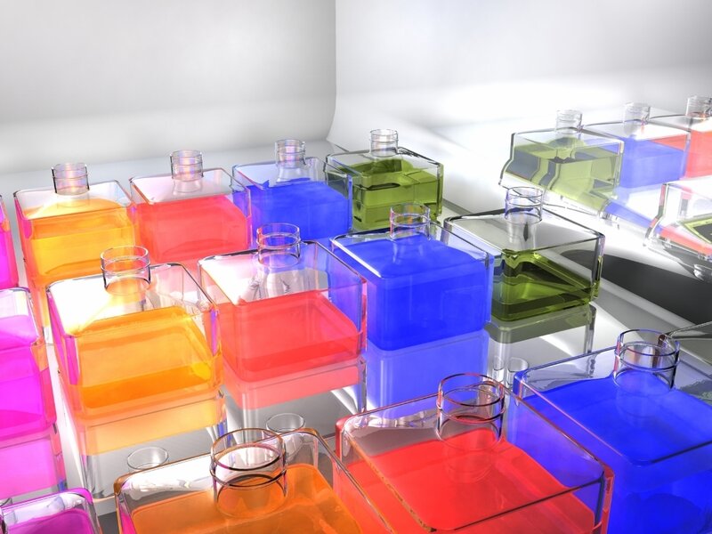 Colorful liquid bottles in a row