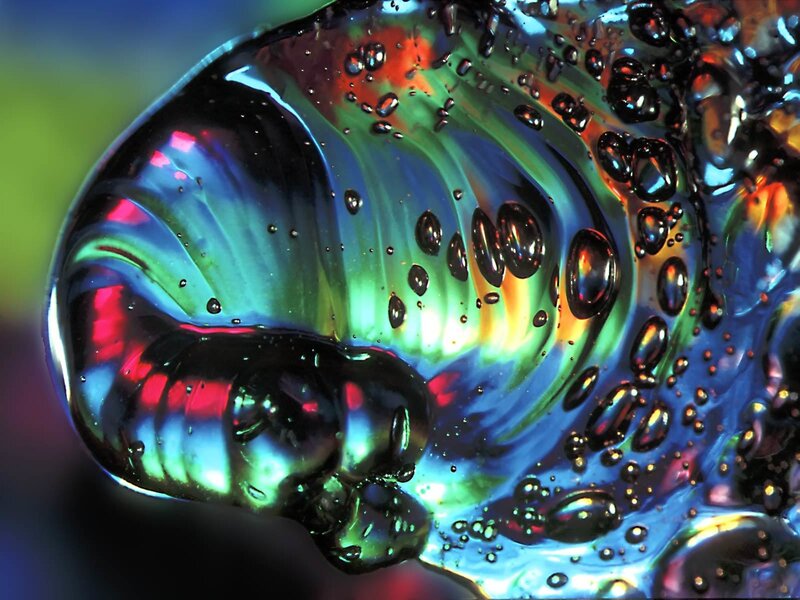 Colorful Liquid Bubbles — Blue, Vibrant, Photograph, Light Refraction, Surface Tension