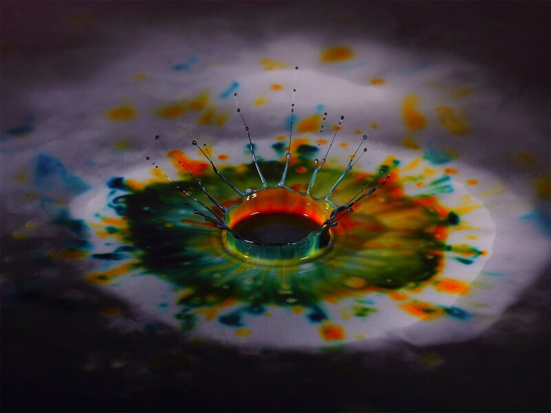 Colorful Liquid Splash — Green, Dramatic, Photograph, Splashes, Drops, Yellow, Red