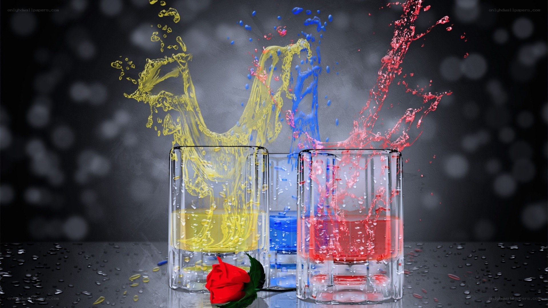 Colorful liquid splashes in glasses