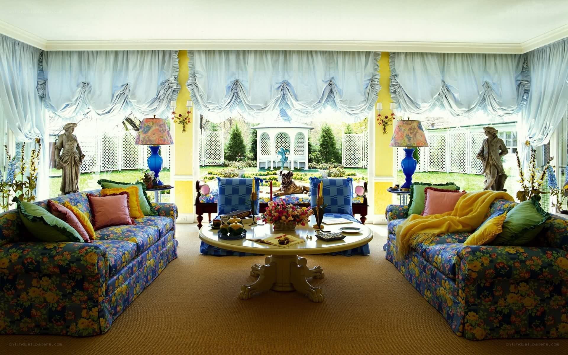 Colorful living room with floral sofas
