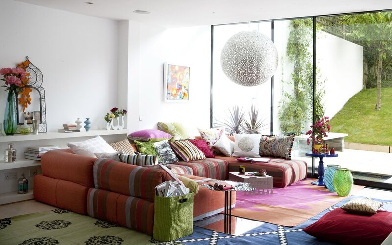 colorful living room with garden view