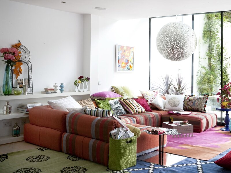 Colorful living room with patterned sofa